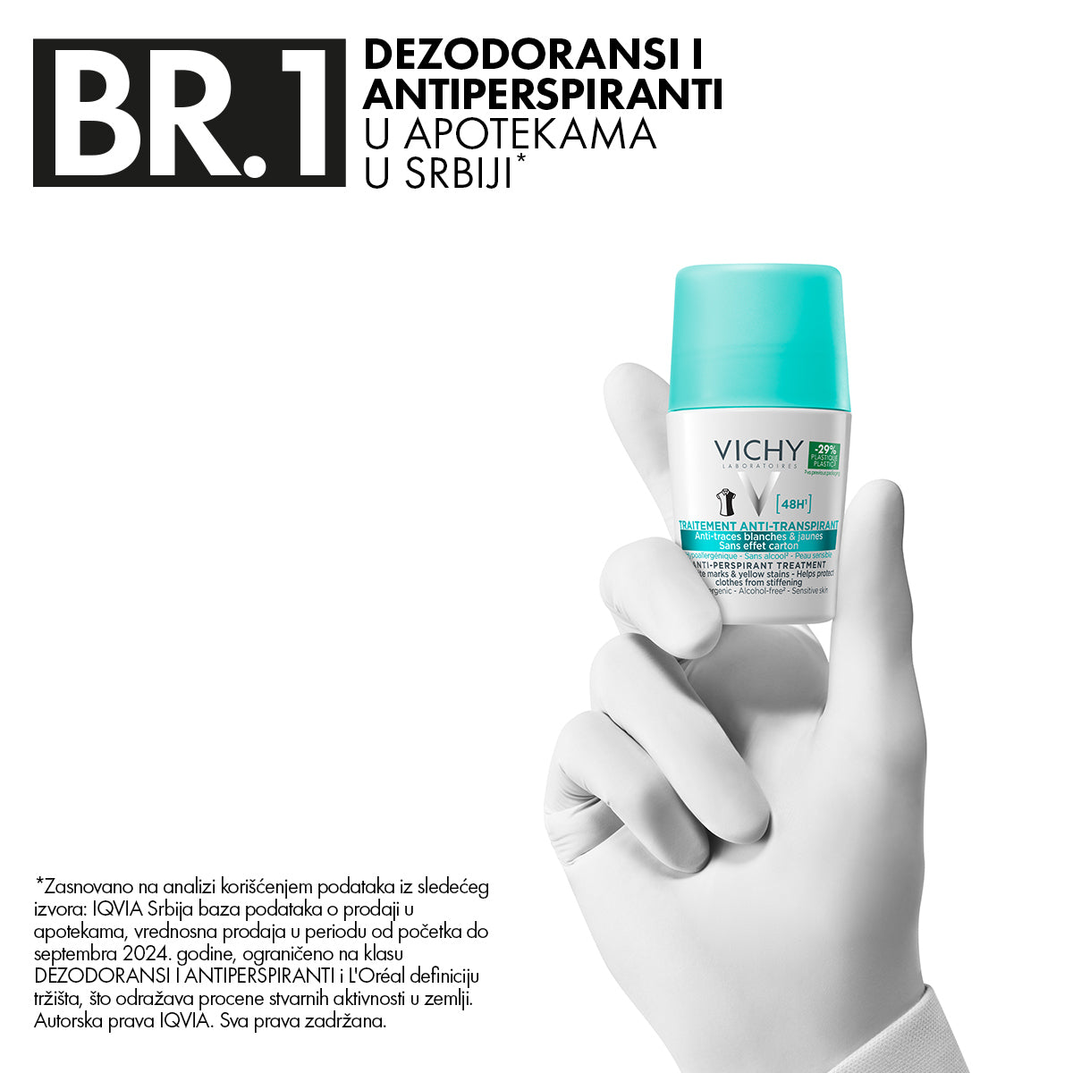 VICHY DÉODORANT Roll-on dezodorans za regulaciju prekomernog znojenja do 48h bez belih tragova i žutih fleka, 50 ml