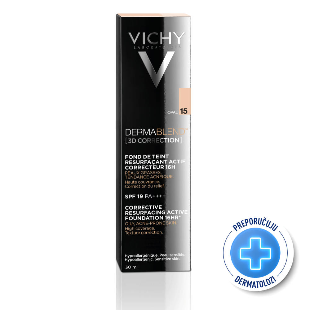 VICHY DERMABLEND 3D CORRECTION SPF 25 Korektivni puder za masnu kožu sklonu aknama s visokim stepenom prekrivanja, 30 ml, 15 Opal