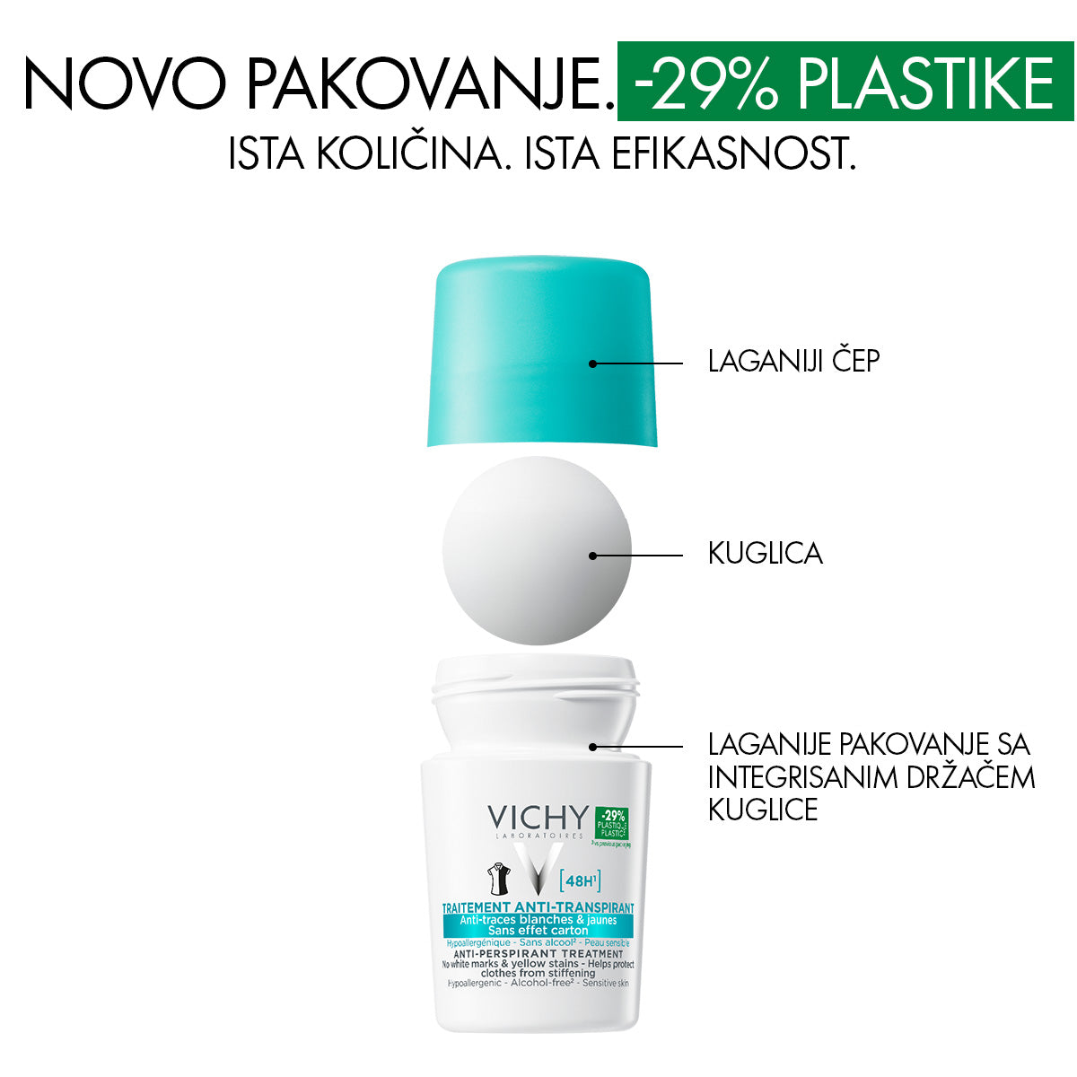 VICHY DÉODORANT Roll-on dezodorans za regulaciju prekomernog znojenja do 48h bez belih tragova i žutih fleka, 50 ml