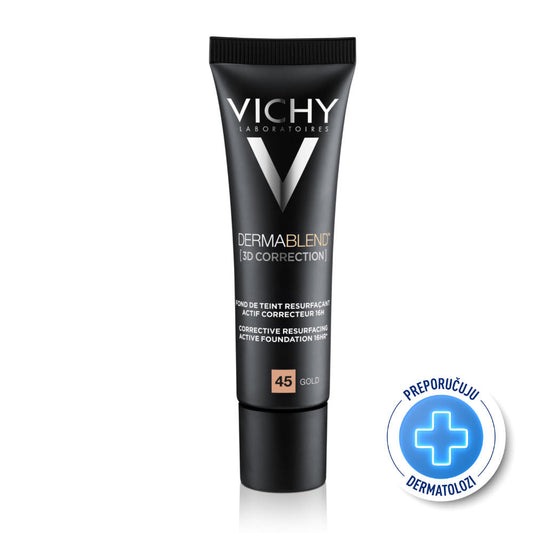 VICHY DERMABLEND 3D CORRECTION Korektivni puder za masnu kožu sklonu aknama s visokim stepenom prekrivanja SPF 25, 30 ml, 45 Gold