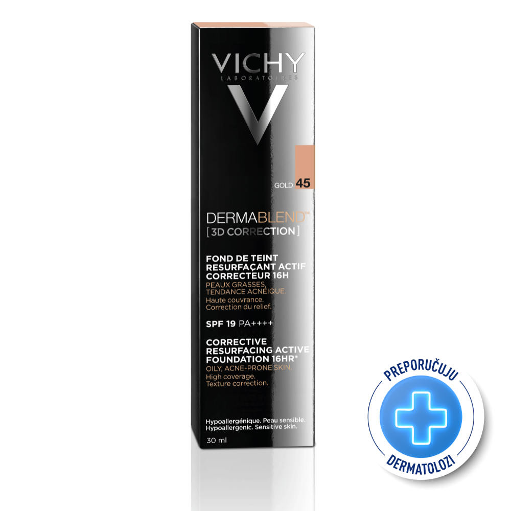 VICHY DERMABLEND 3D CORRECTION Korektivni puder za masnu kožu sklonu aknama s visokim stepenom prekrivanja SPF 25, 30 ml, 45 Gold