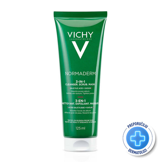 VICHY NORMADERM 3 u 1 nega za kožu sklonu aknama - krema za čišćenje lica, piling, maska, 125 ml