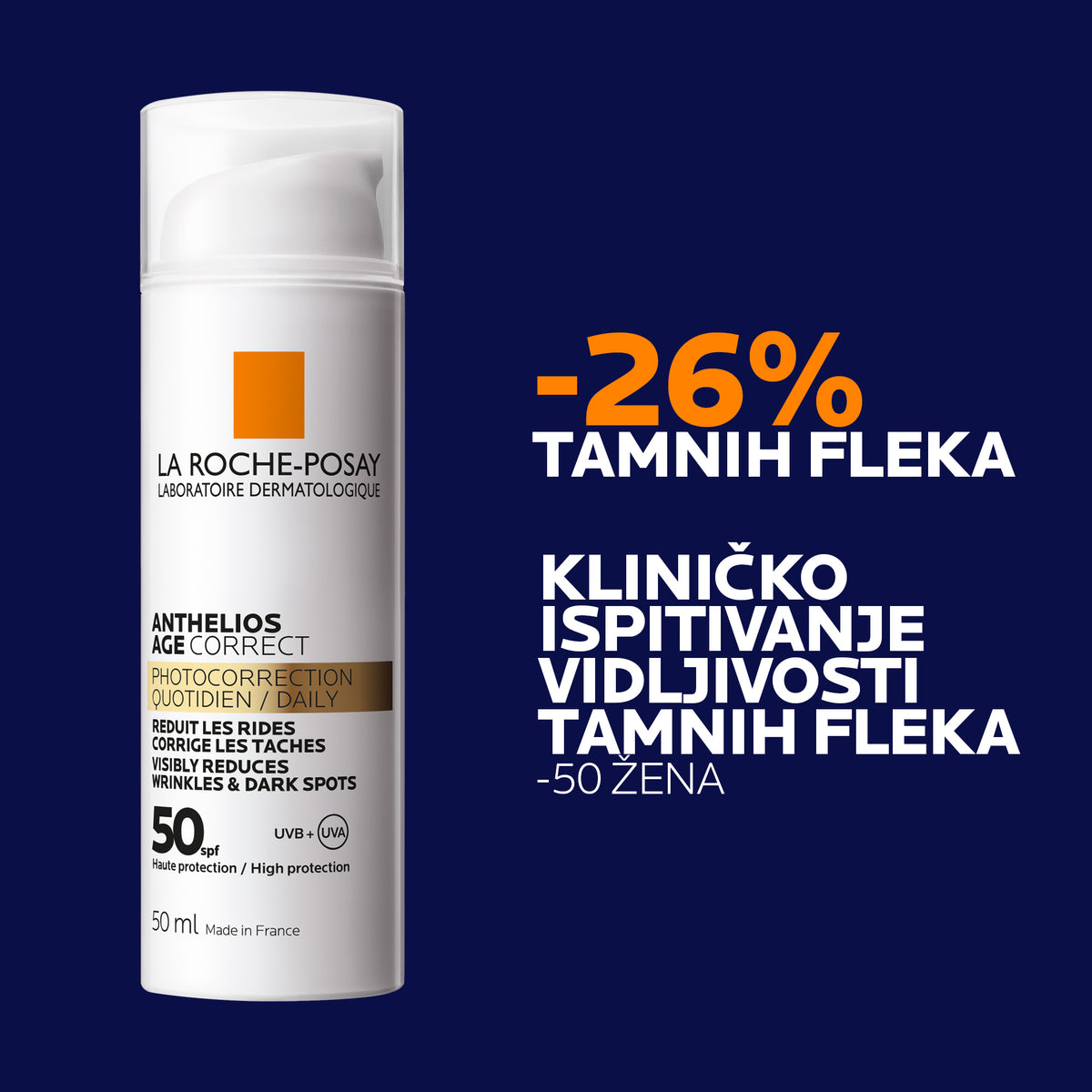 La Roche Posay ANTHELIOS AGE CORRECT SPF50 Dnevna zaštita od sunca koja ispravlja znakove starenja, bore, tamne mrlje i elastičnost, 50 ml