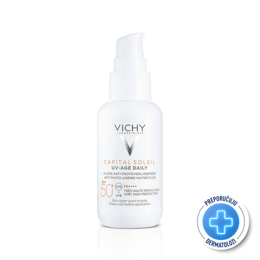 VICHY CAPITAL SOLEIL UV-AGE DAILY Vodeni fluid za zaštitu od sunca protiv znakova starenja kože - bore, tamne fleke SPF 50+, 40 ml