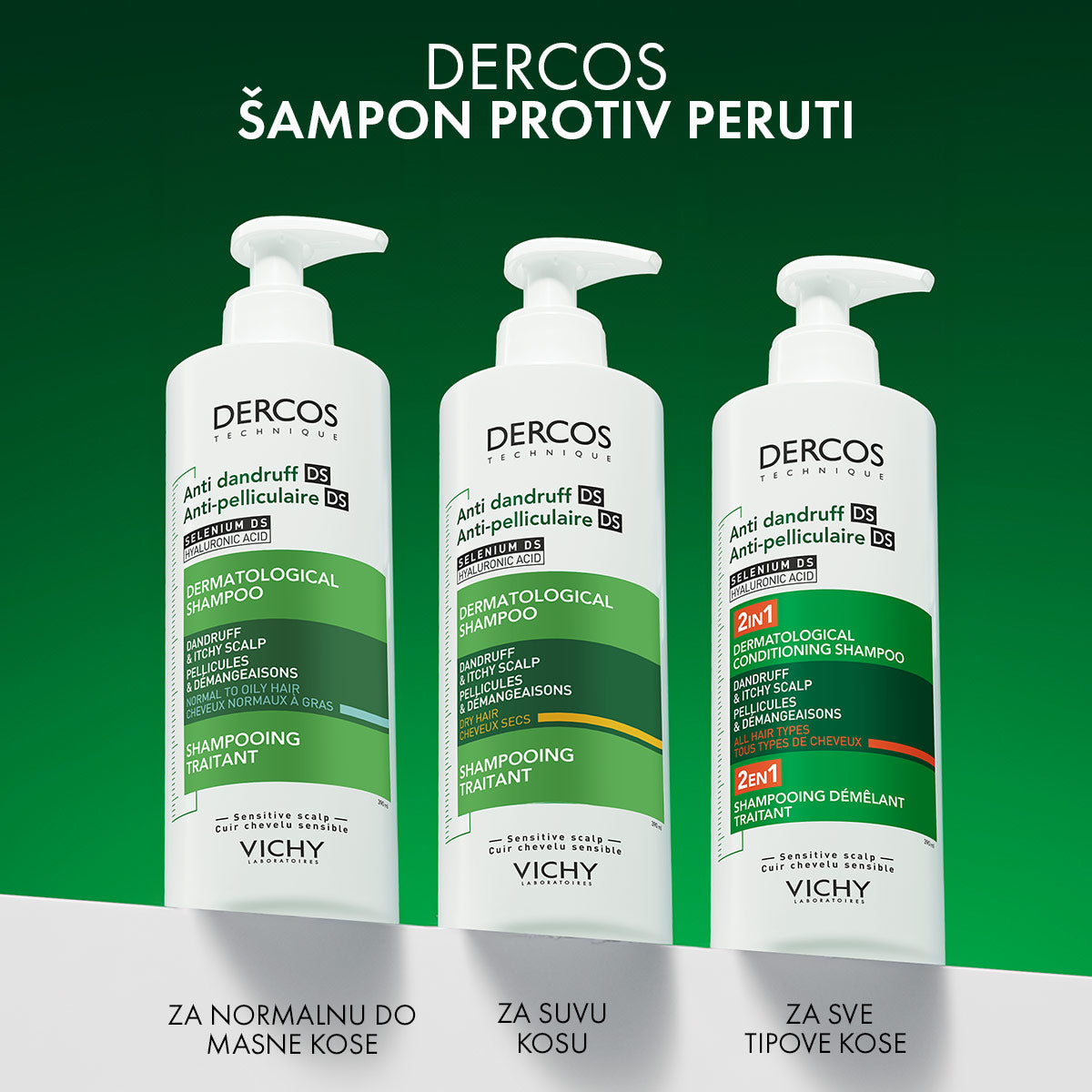 VICHY DERCOS šampon protiv peruti DS - 2 u 1: Dermokozmetički šampon i regenerator, 390 ml